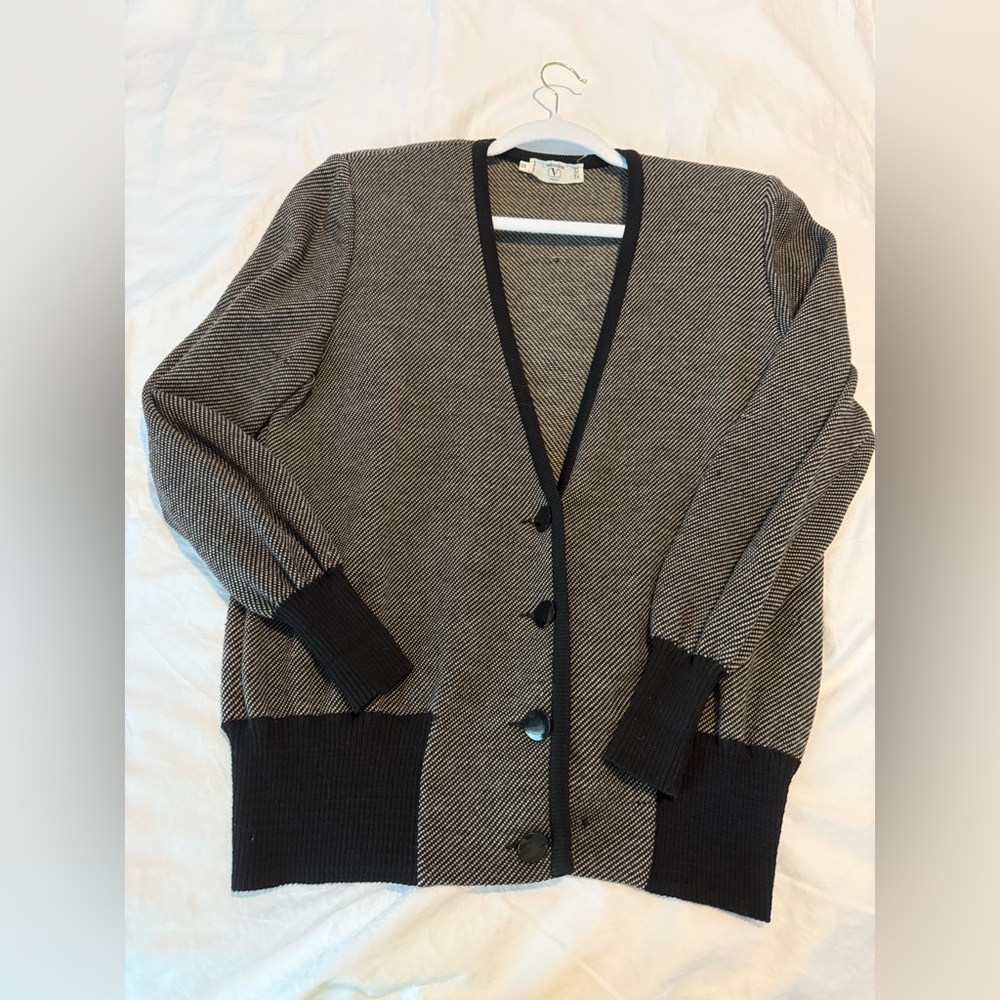 Vintage Valentino Women's Black and Gray Wool Cardigan Sweater EUC 0276